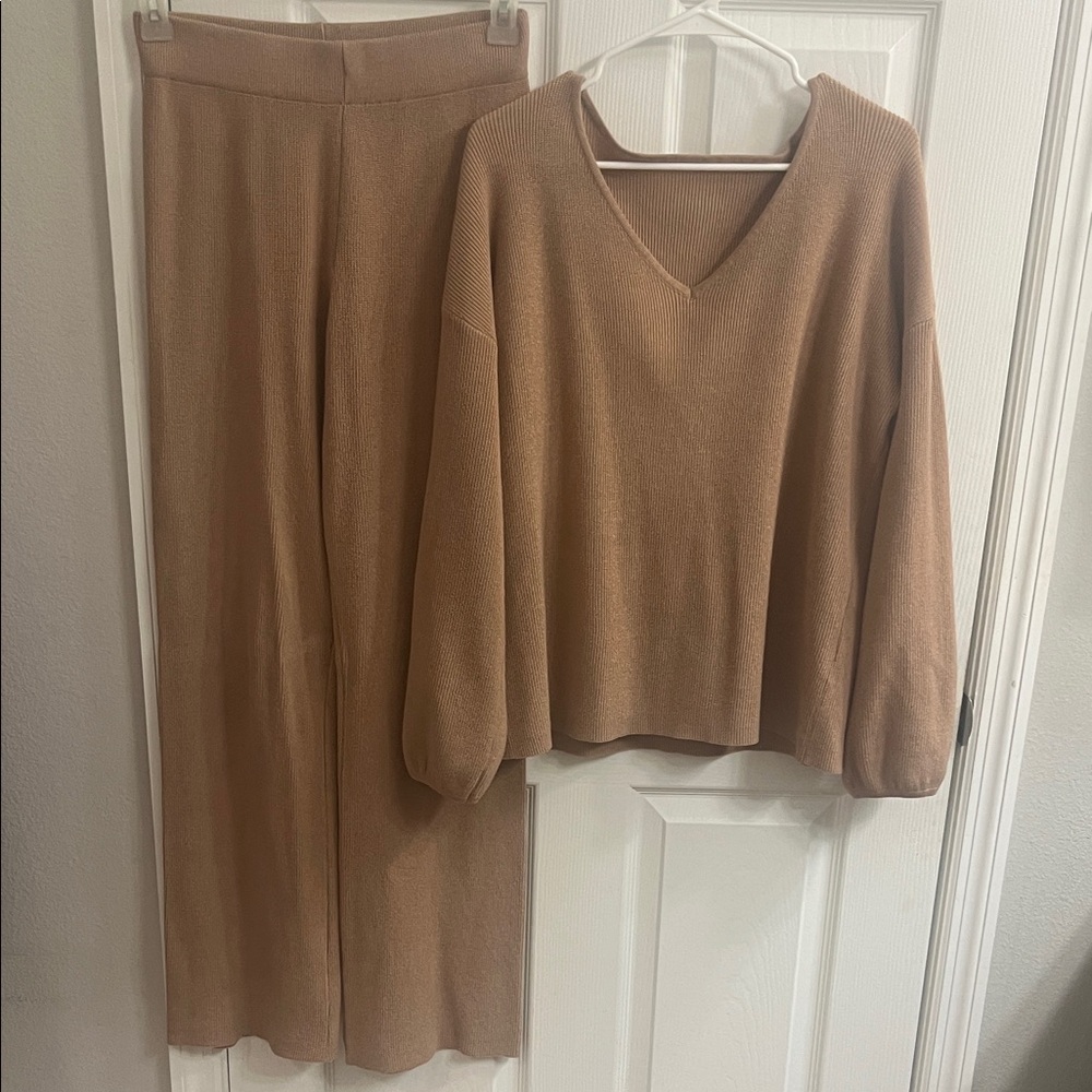 Cozy Tan Knit Sweater and Pants Set